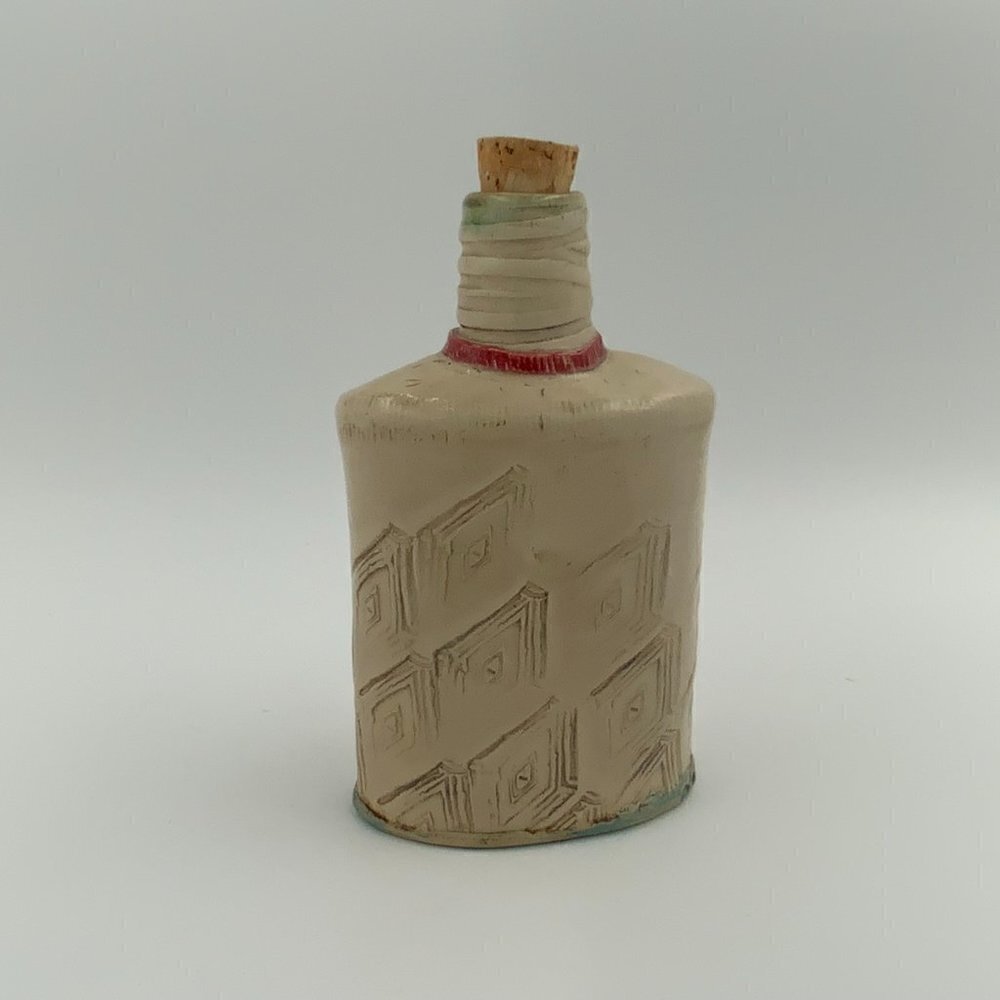 Studio Art Pottery Textured Flask Bottle w/ Cork Primitive Brutalist